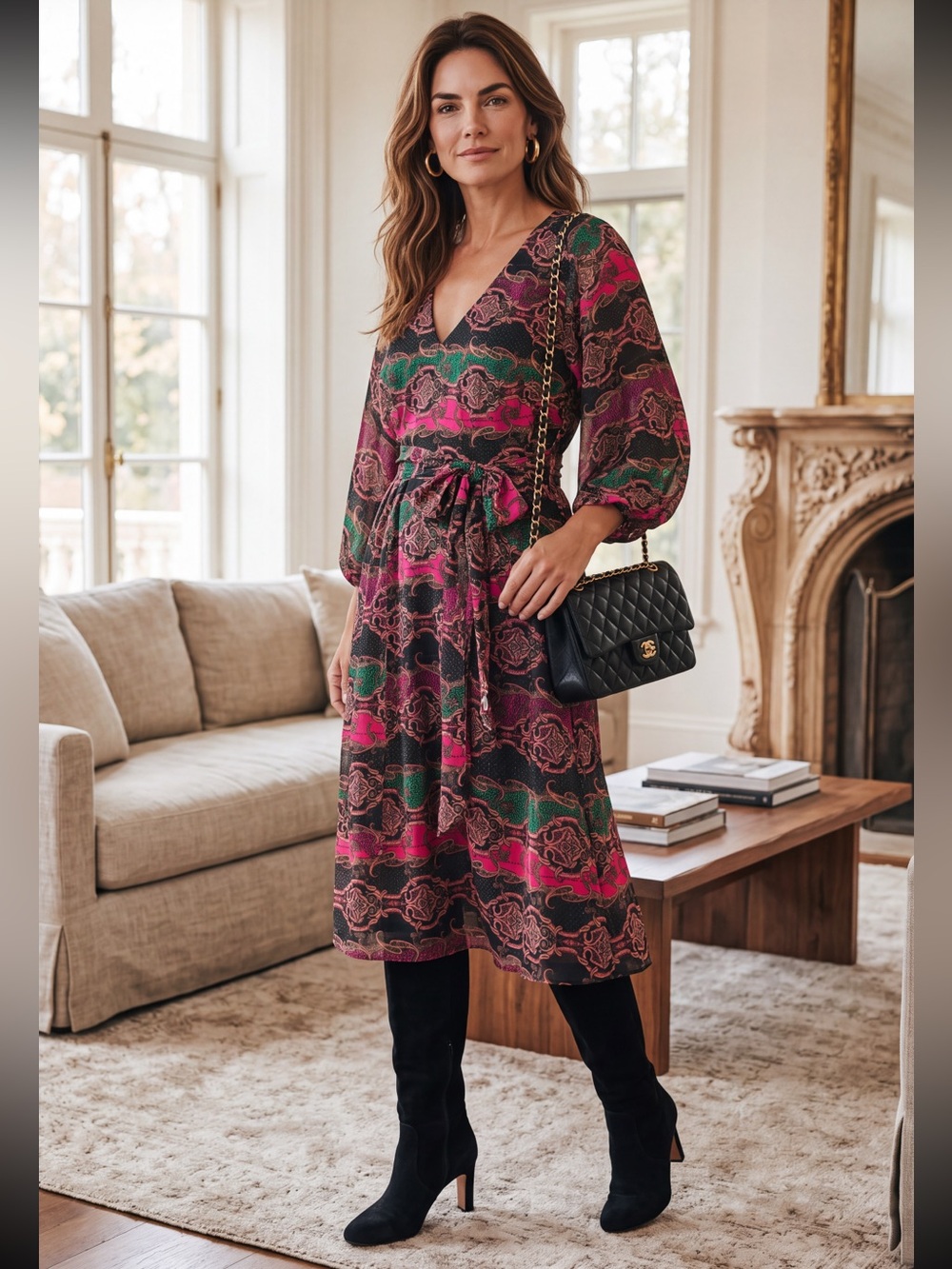 Tyler Boe Deep Jewel Tones Deep Black Green Hot Pink VNeck Dress